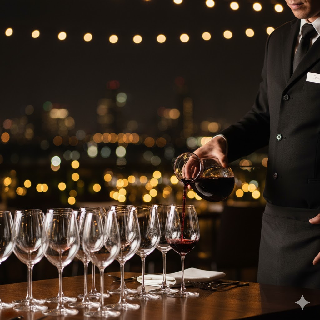 Montaje elegante con meseros sirviendo copas y bocadillos